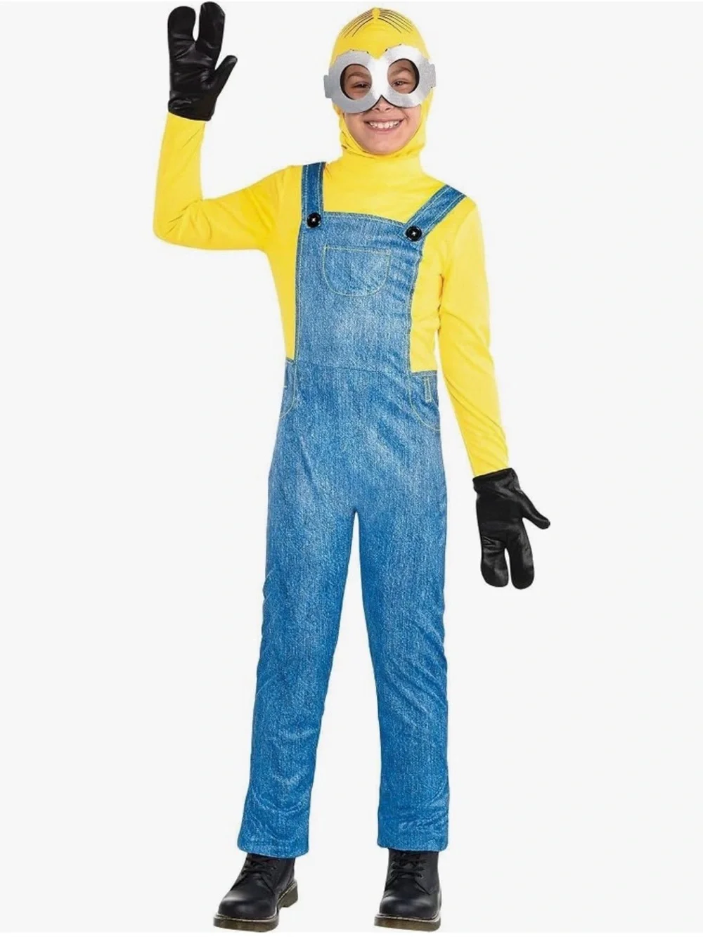 Yellow Long Sleeve Minion Costume Top with Denim-Look Overalls